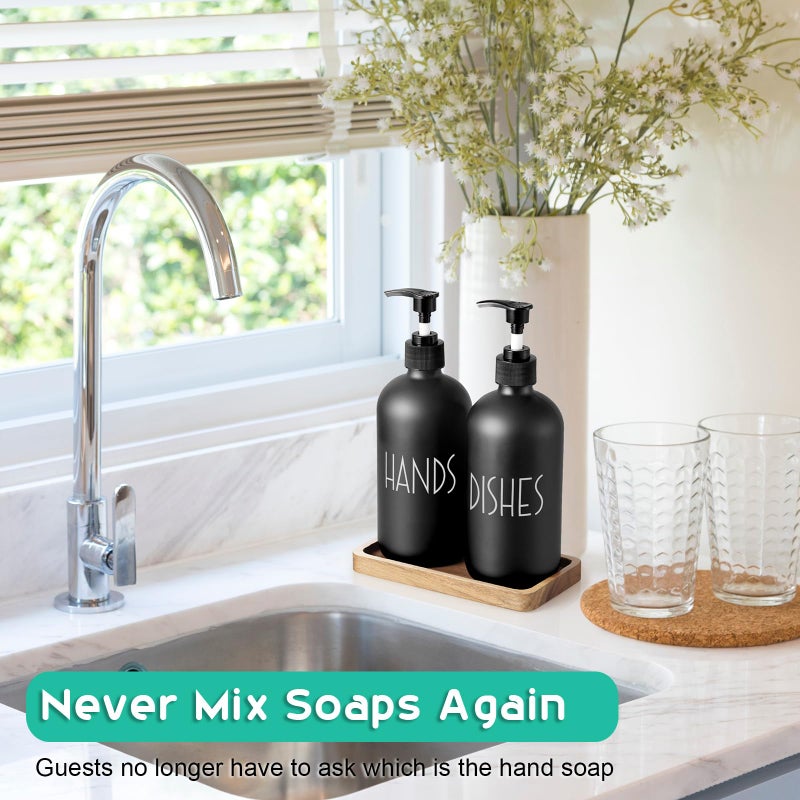 ALELION Black Dish Soap Dispenser Set for Kitchen - 16 OZ Hand Soap Dispenser with Pump and Acacia Wood Tray - for Black Kitchen Decor and Accessories - Image 4